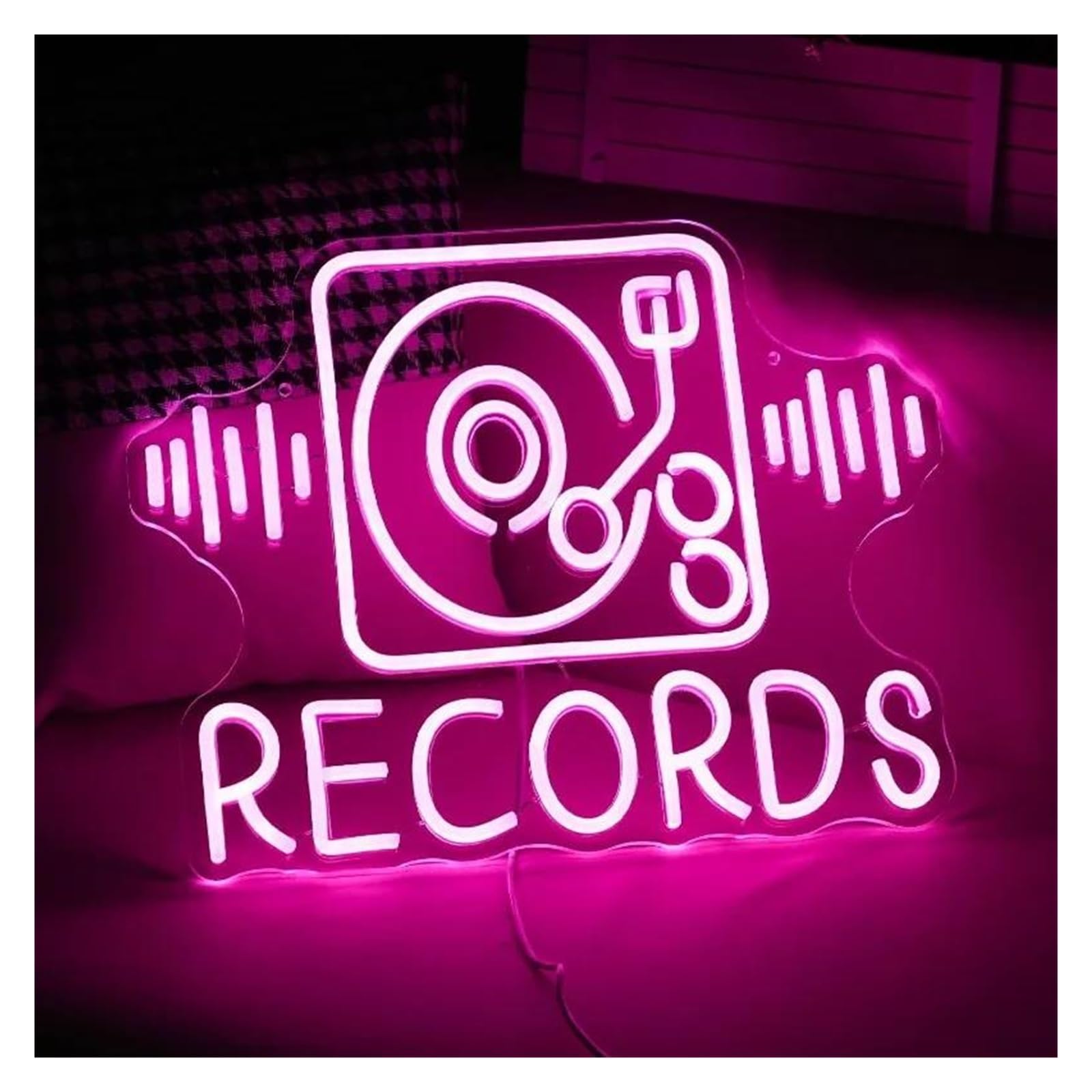 Insegna al Neon LED Records Insegna Al Neon Per Decorazione Murale USB Dimmerabile Rosa Negozio Di Dischi Musicali Karaoke Bar Party 31cm×40cm
