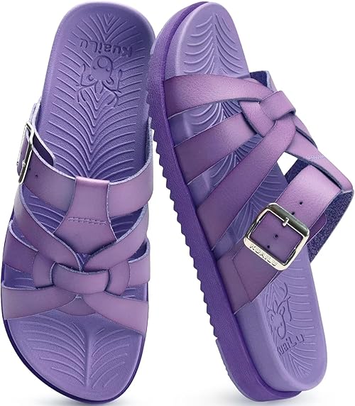 KuaiLu Gladiator Sandals for Women with Comfortable Arch Support Summer Beach Walking Fisherman Slides Boho Outfits Slip on Cushion Shoes Indoor Outdoor