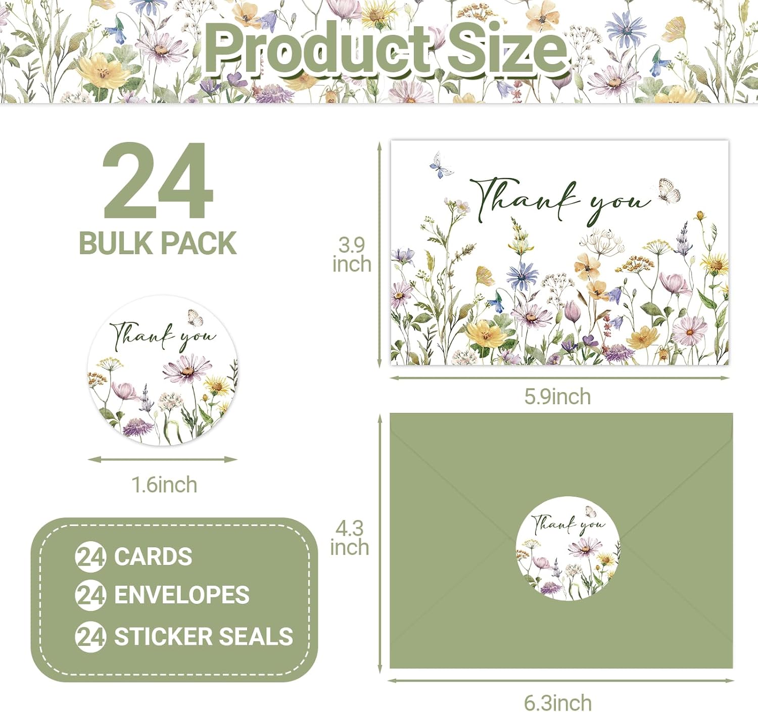 24 Pack Floral Thank You Cards With Envelopes,Watercolor Wildflower Thank You Cards for Baby Shower,Thanksgiving,Teachers,Birthday Greeting Cards - Image 2
