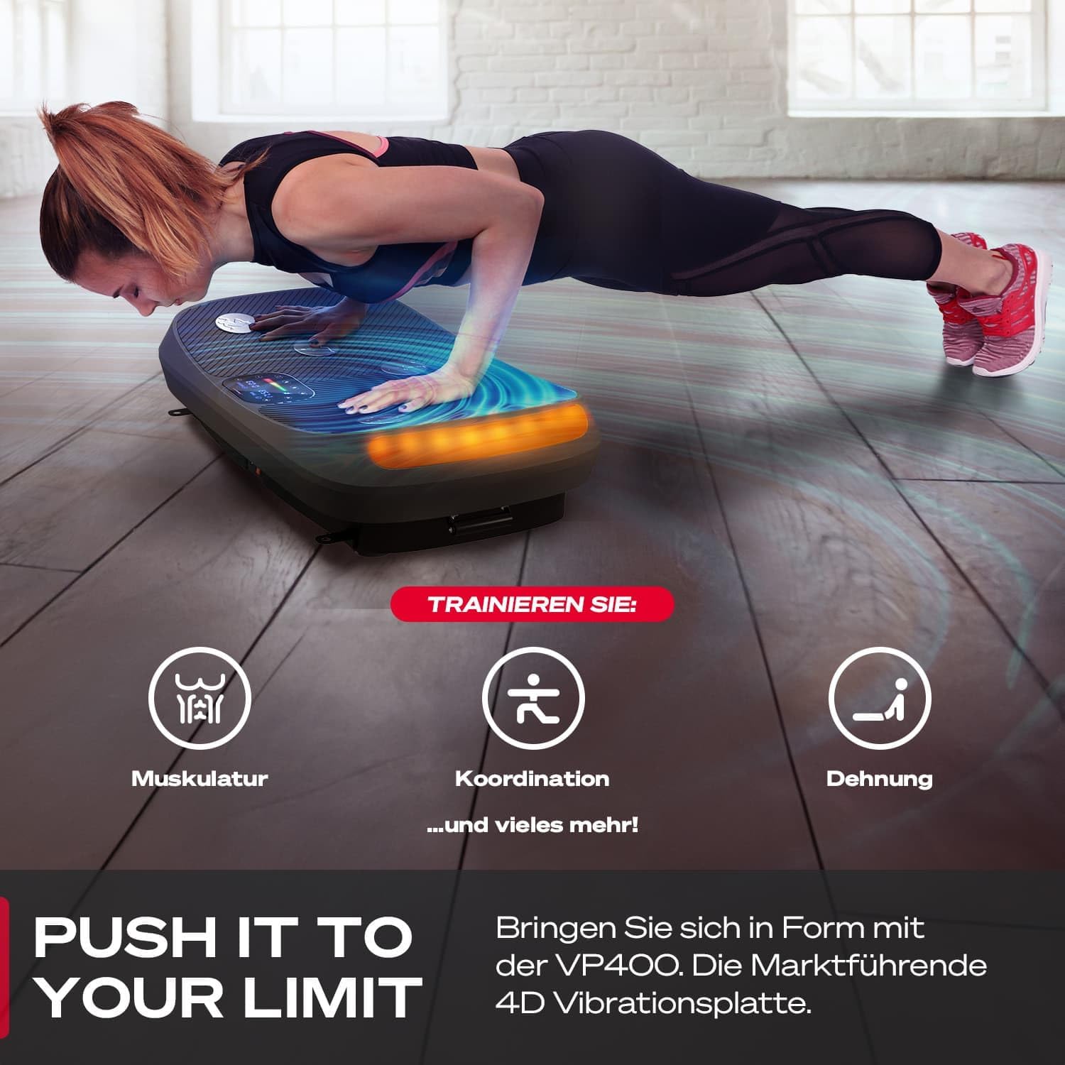 Sportstech VP400 user performing a push-up, highlighting training for musculature, coordination, and stretching