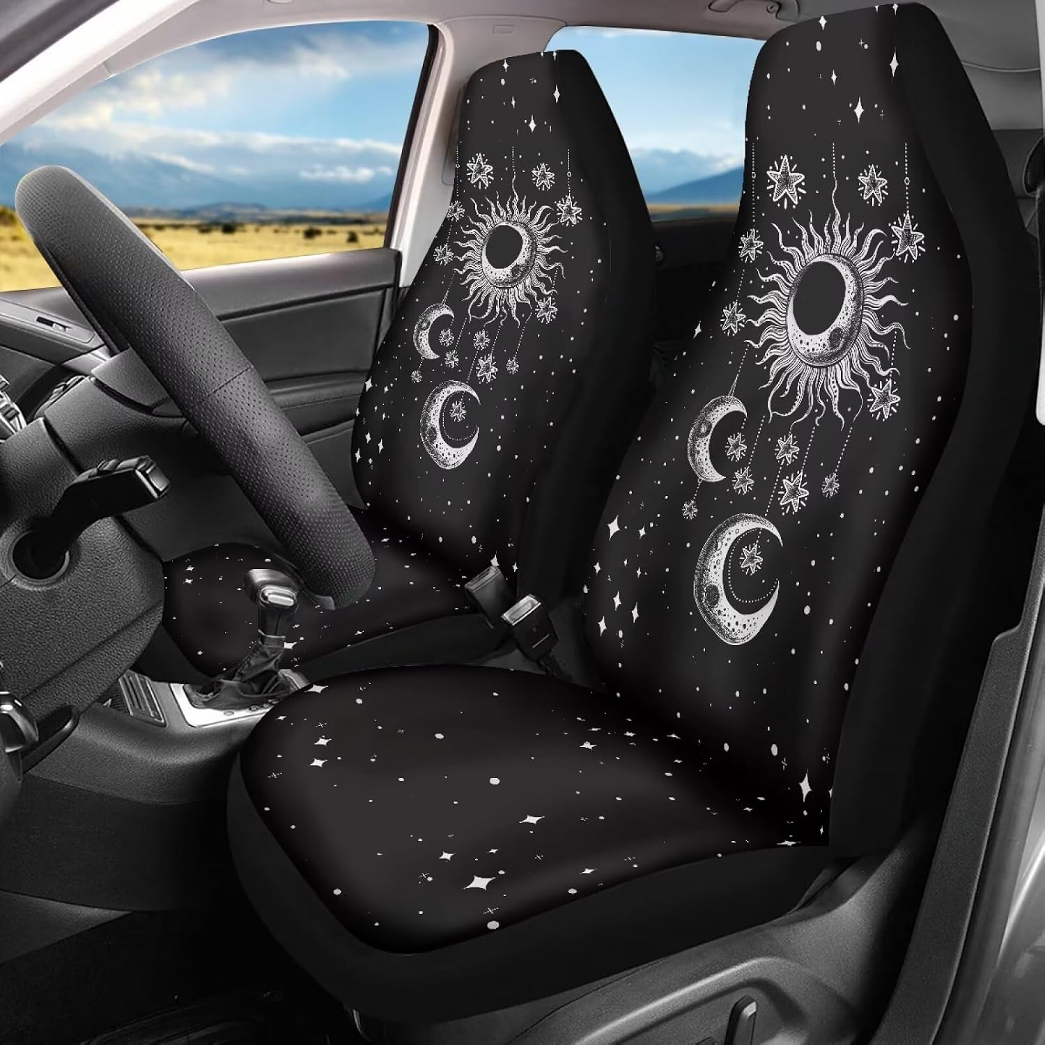 Ystardream Star Moon 2pc Front Seat Covers Stretchy Bucket Seat Cover Universal Automotive Accessories Front Seat Cover Protector Fit for Car Truck SUV Van