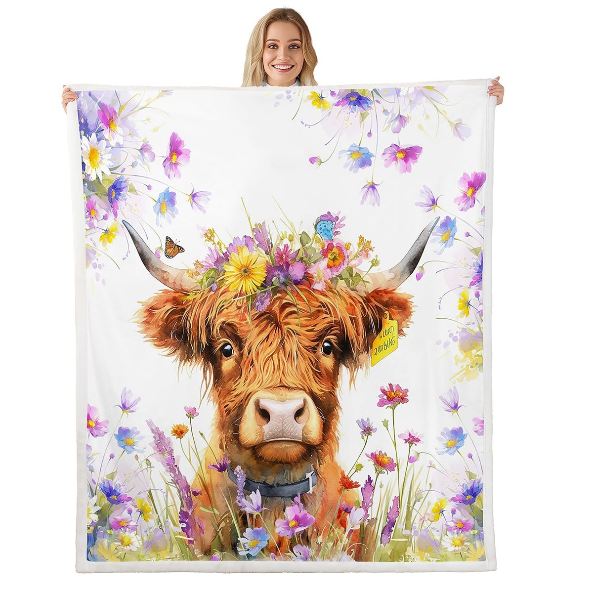 Homemissing Highland Cow Fleece Throw Blanket Double 60x79Inch For Sofa Bed Couch Kids Boys Girls Teens Blossom Flowers Pattern Plush Blanket Farm Animal Sherpa Blanket Western Decor Fuzzy Blanket