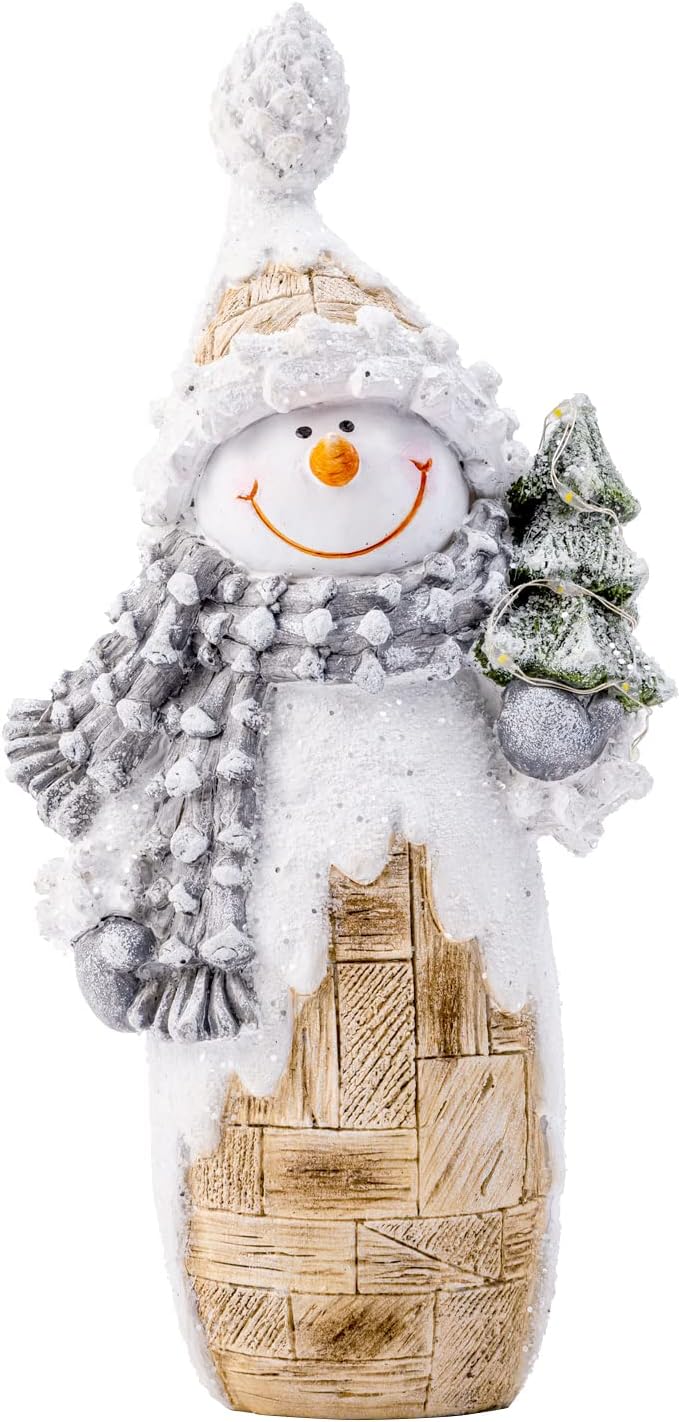 Galiyen Snowman Christmas Decorations, Snowman Figurines Ornaments with LED Lights for Christmas Decor, 9.4" Resin Snowman Statues for Table Top Centerpiece Fireplace Mantle and Shelf