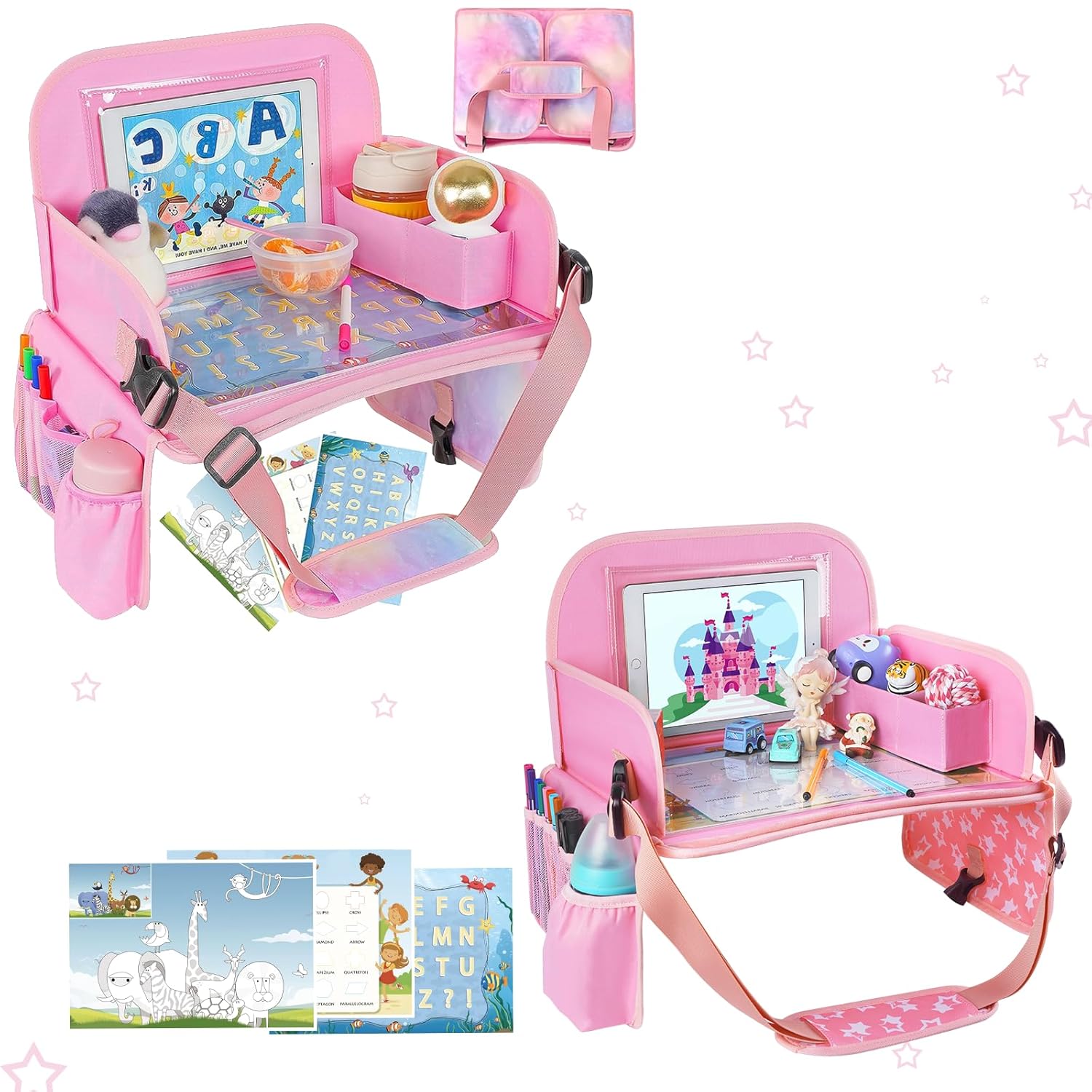 Bundle–2 Items: MENZOKE Car Seat Tray with Dry Erase Board and Cooler Cup Holder, Pink & Magic Pink