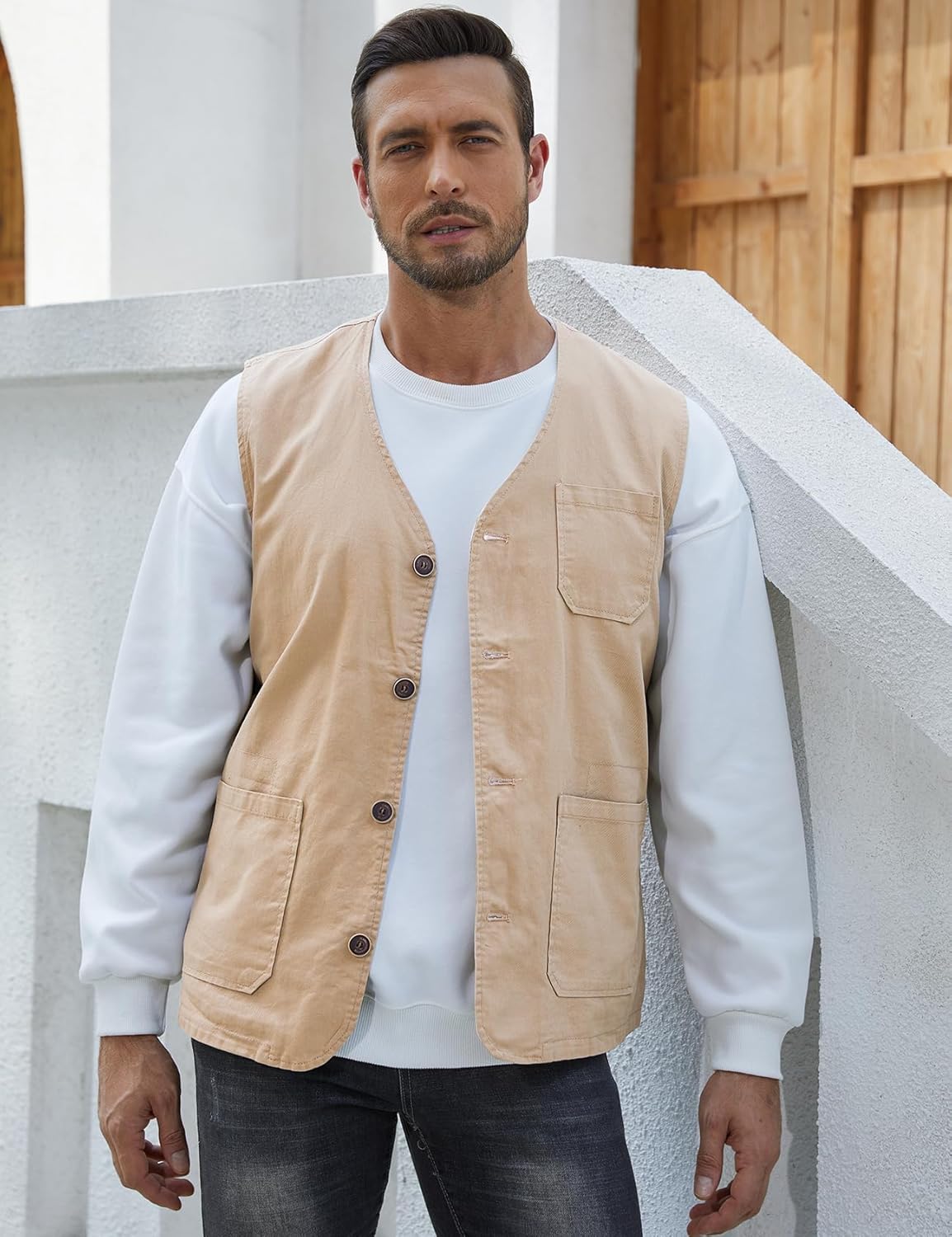 Gihuo Men's Travel Vest Casual Outdoor Multi-Pocket V-Neck Button Cotton Workwear Vest - Image 2
