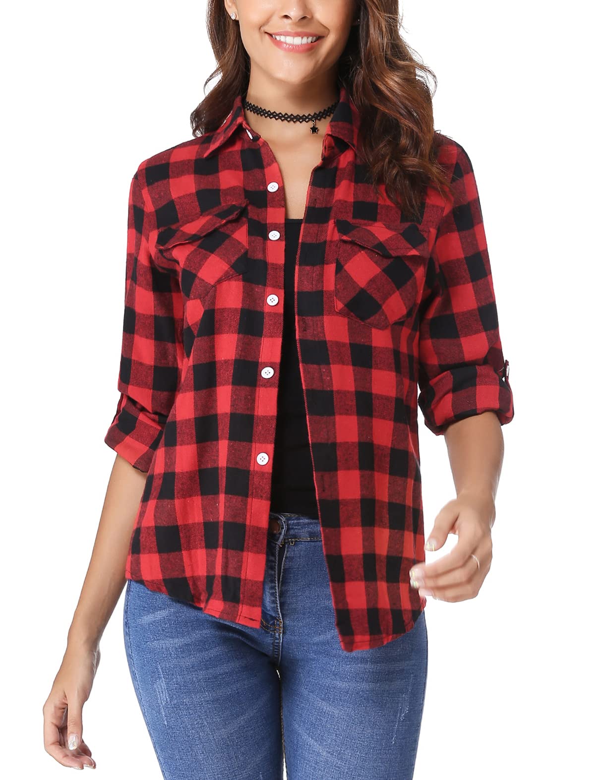 Totatuit Damen Kariertes Hemdbluse Knopfleiste Langarm Oktoberfest Bluse Karo Baumwolle Casual V-Ausschnitt Oberteile Flanellhemd Tops