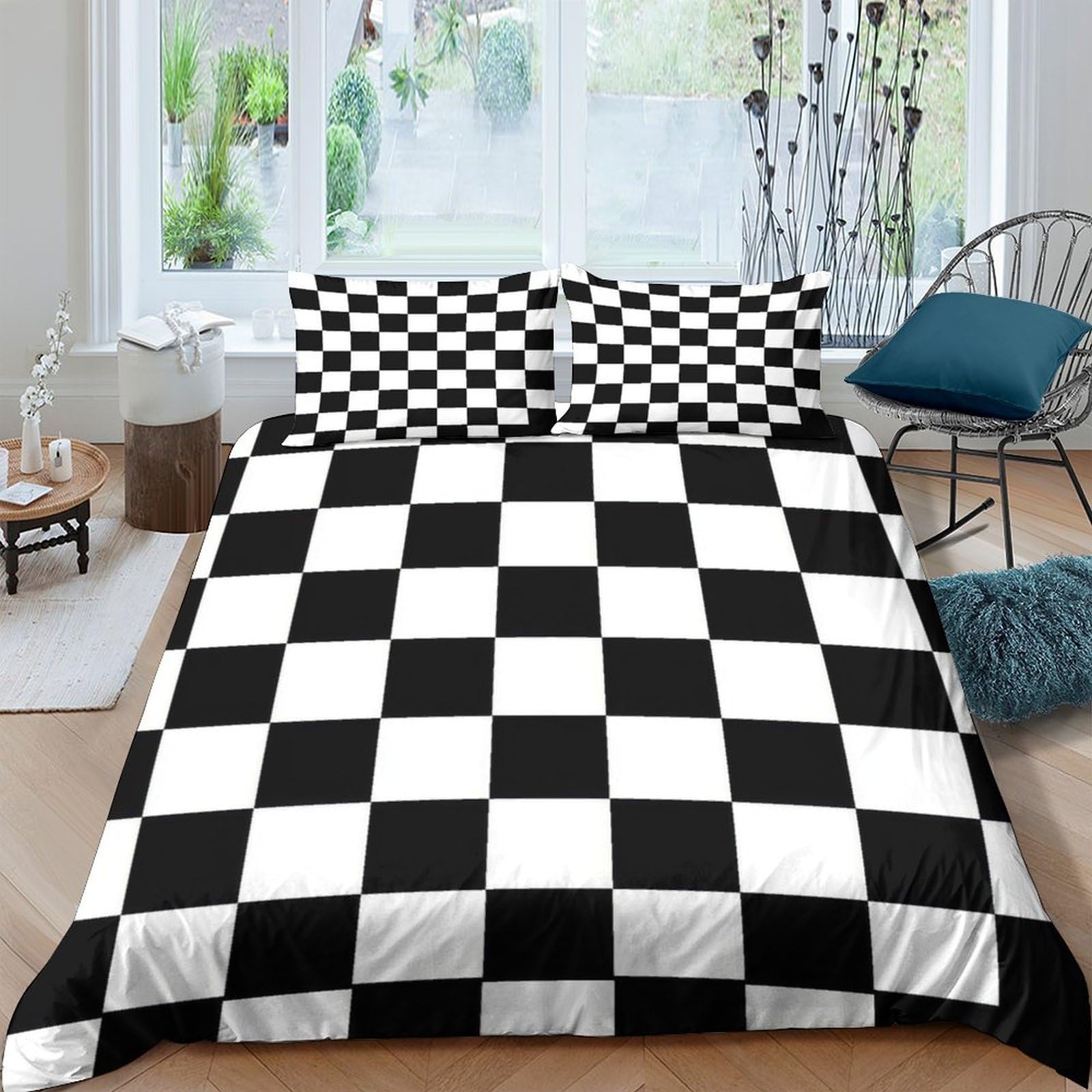 TUFRTGYHN 3D Printed Black White Checkerboard Duvet Cover Microfiber Soft Breathable Chessboard Bedding Set with 2 Pillowcases for Bedroom Apartment Decor, Single（135x200cm）