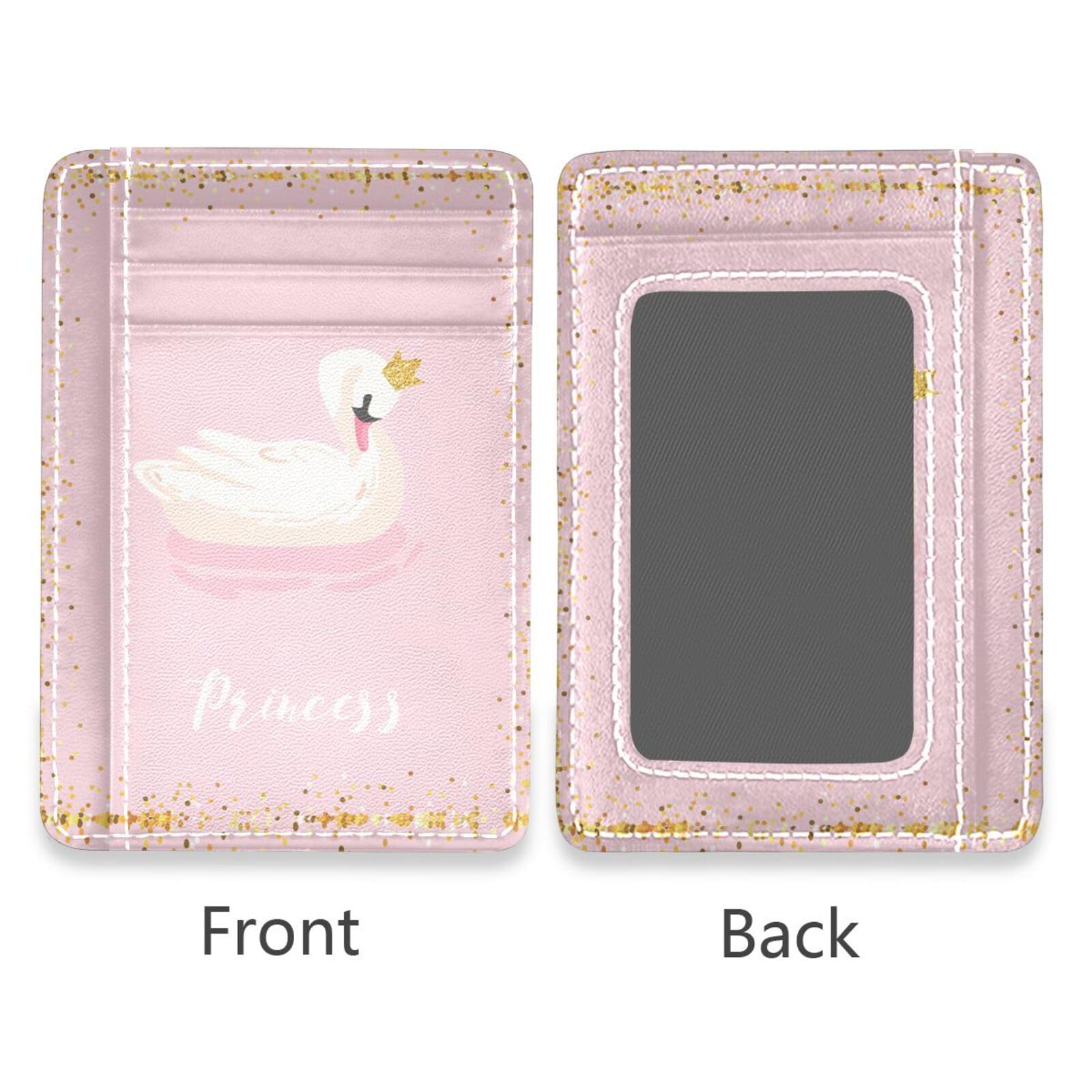 Slim Minimalist RFID Blocking Wallet, Front Pocket Leather Credit Card Holder Unisex Case Protector Covers Print White Swan With Gold Crown Pink Pattern