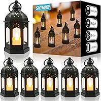 SHYMERY Set of 6 Flickering LED Mini Black Lanterns - Vintage Hanging Candle Decor for Halloween, Christmas, Weddings, Table Centerpieces, Batteries Included