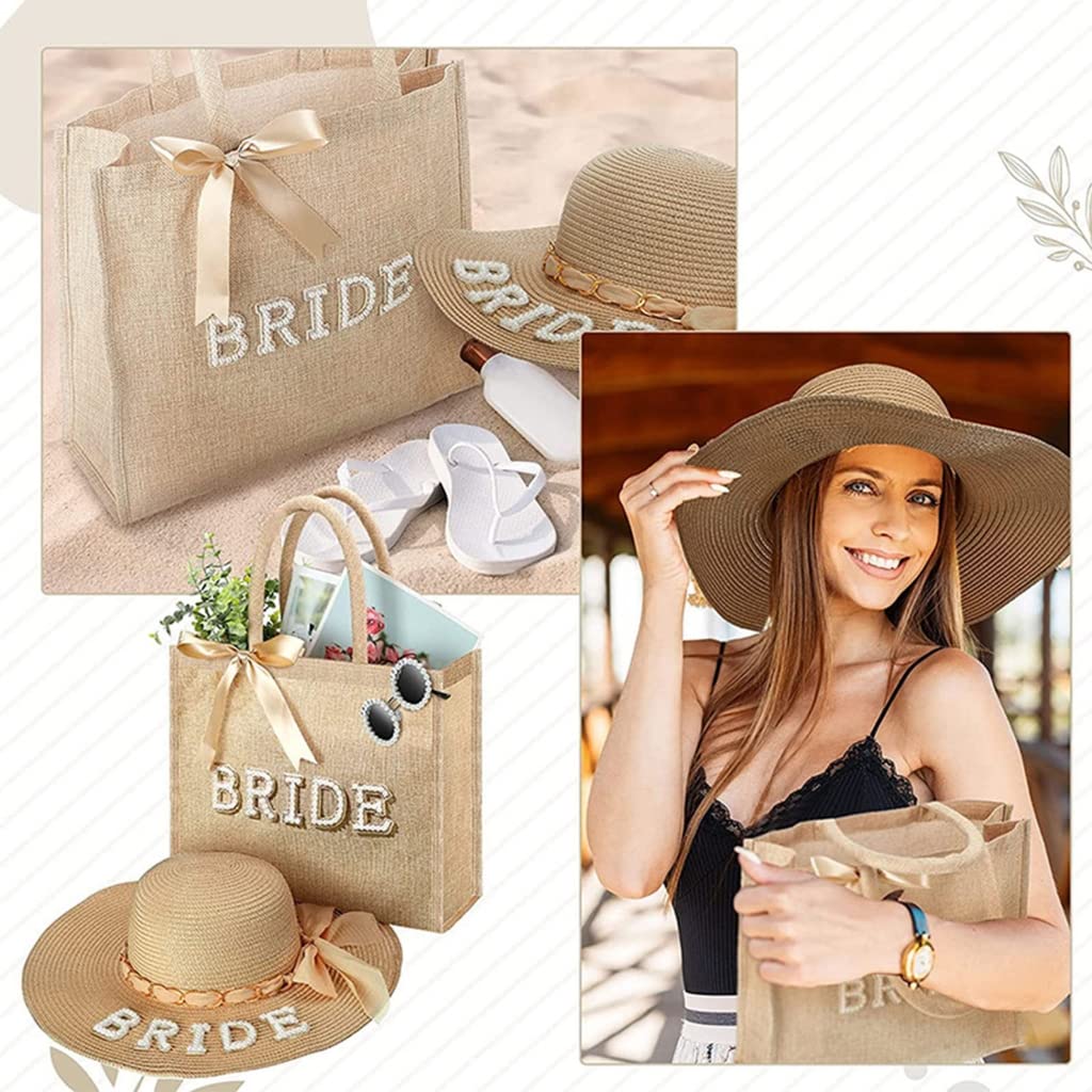 Sombrero de sol Bride to Be, sombrero de paja, bolsa de gafas de sol, perlas delicadas para novia, despedida de soltera, decoración de fiesta, regalo, beige, talla única