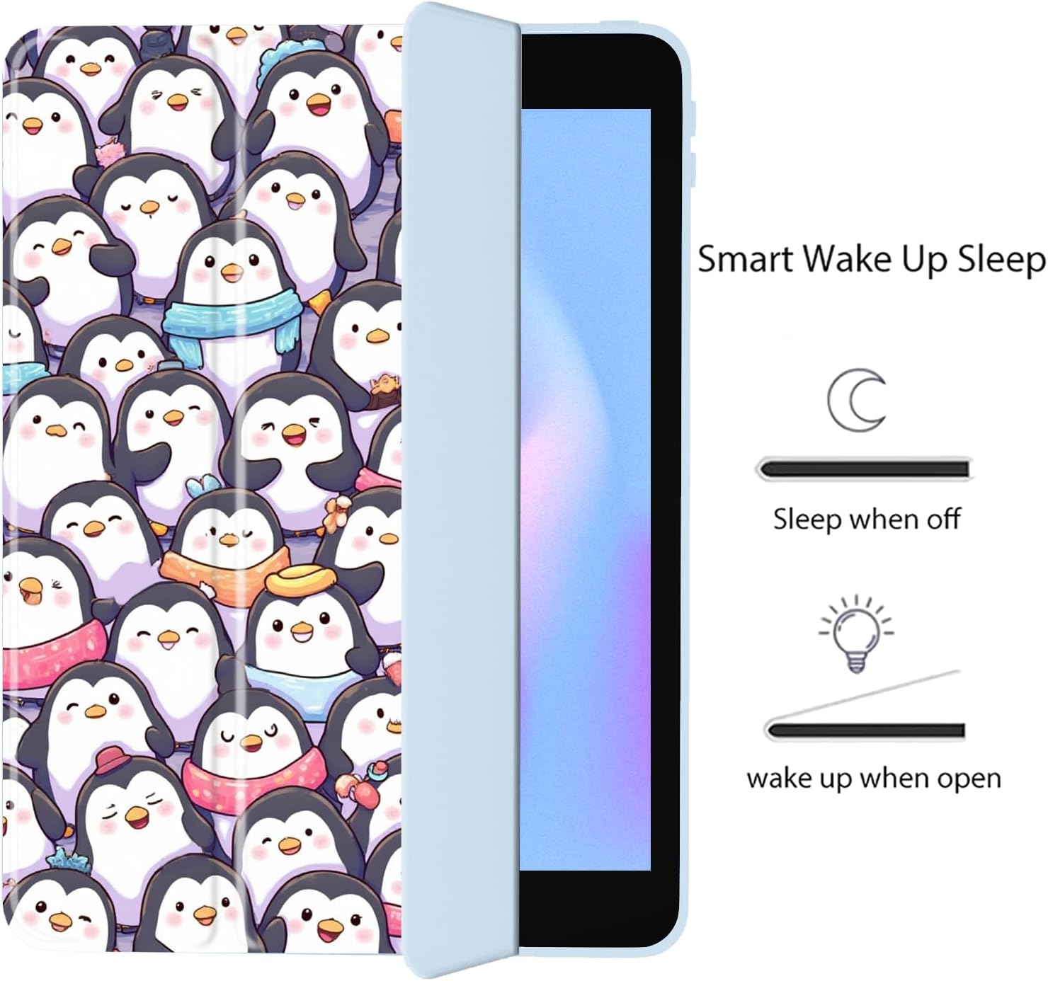 Cute Penguin Pattern Decor Case for iPad 2022 (iPad 10th) Unique Case,Pencil Holder & Clear Acrylic Back & Trifold Stand Cover for Women image 3