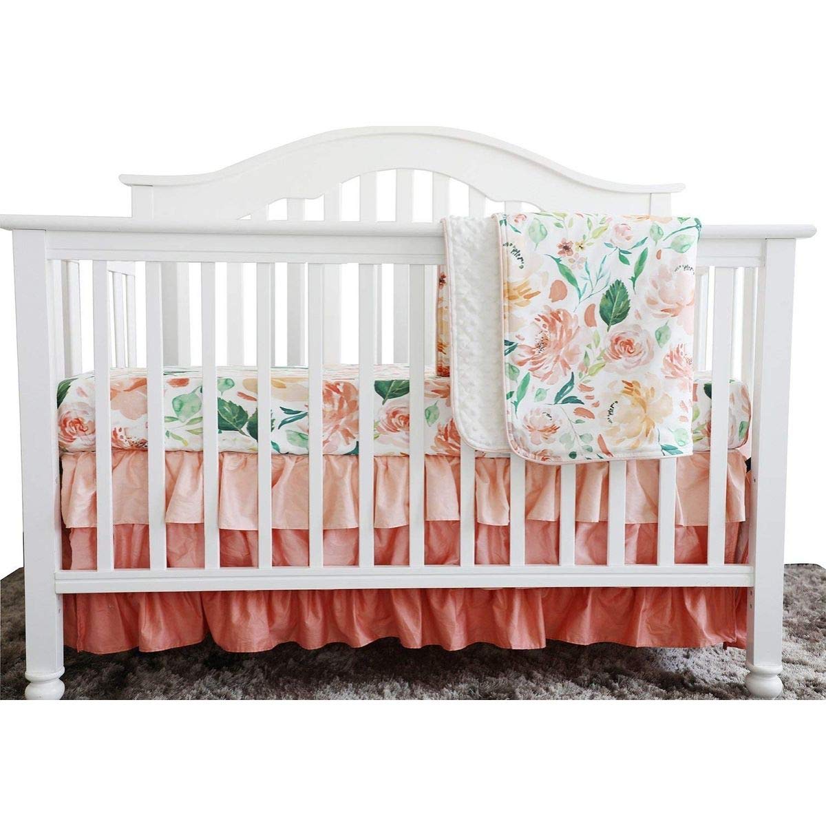 Secret Garden Coral Floral Ruffle Baby Minky Blanket Water color, Peach  Floral Nursery Crib Ruffle Skirt Set Baby Girl Crib Bedding (Secret Garden