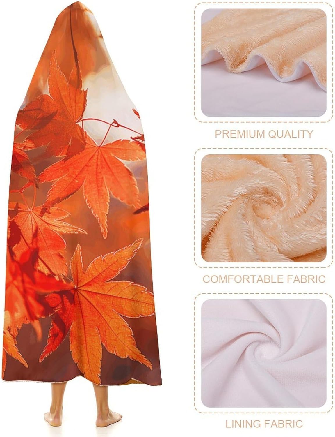 Maple Leaves in The Sun Wearable Hooded Blanket, Ultra Soft Arctic Velvet Cape Cloak Unisex - Cozy Wearable Blanket