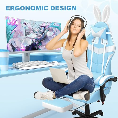 Miniatura 8 de Soontrans Silla de juegos azul claro con reposapiés, bonita silla de videojuegos de conejo, silla de escritorio Kawaii para nieta, hermana, novia,
