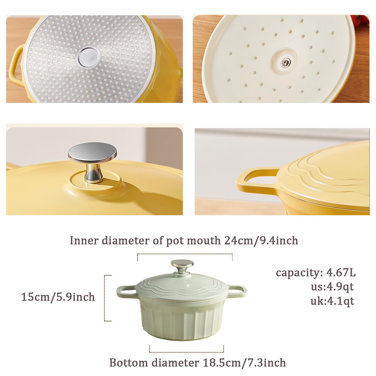 Durevole Pentola in Ghisa Grande 24 cm, Anti Perdite Casseruola in Ghisa Smaltata con Coperchio 4,67 L, Cast Iron Casserole Dutch Oven Pot Pentola per Stufare, Cuocere e Arrostire, Giallo