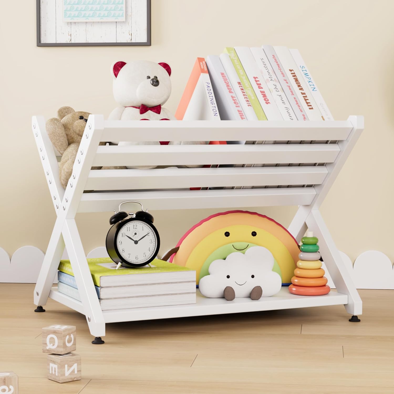 NACHES Book Caddy with Shelf Toy Storage Organizer Tilted Mini Nursery Book Rack Tabletop Desktop Holder for Toddlers, Bedroom, Playroom, Nursery, Sturdy(White X-Shape)