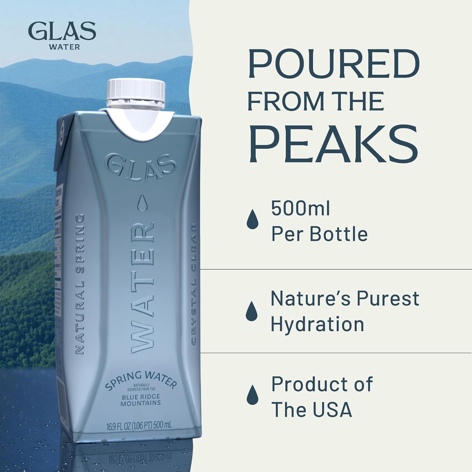 GLAS Natural Spring Water (12 Pack) 16.9 oz / 500ml | Boxed Water from the Blue Ridge Mountains | Paper-Based Bottle with Plant-Based Cap | BPA-Free, Recyclable | Bottled Spring Water Alternative