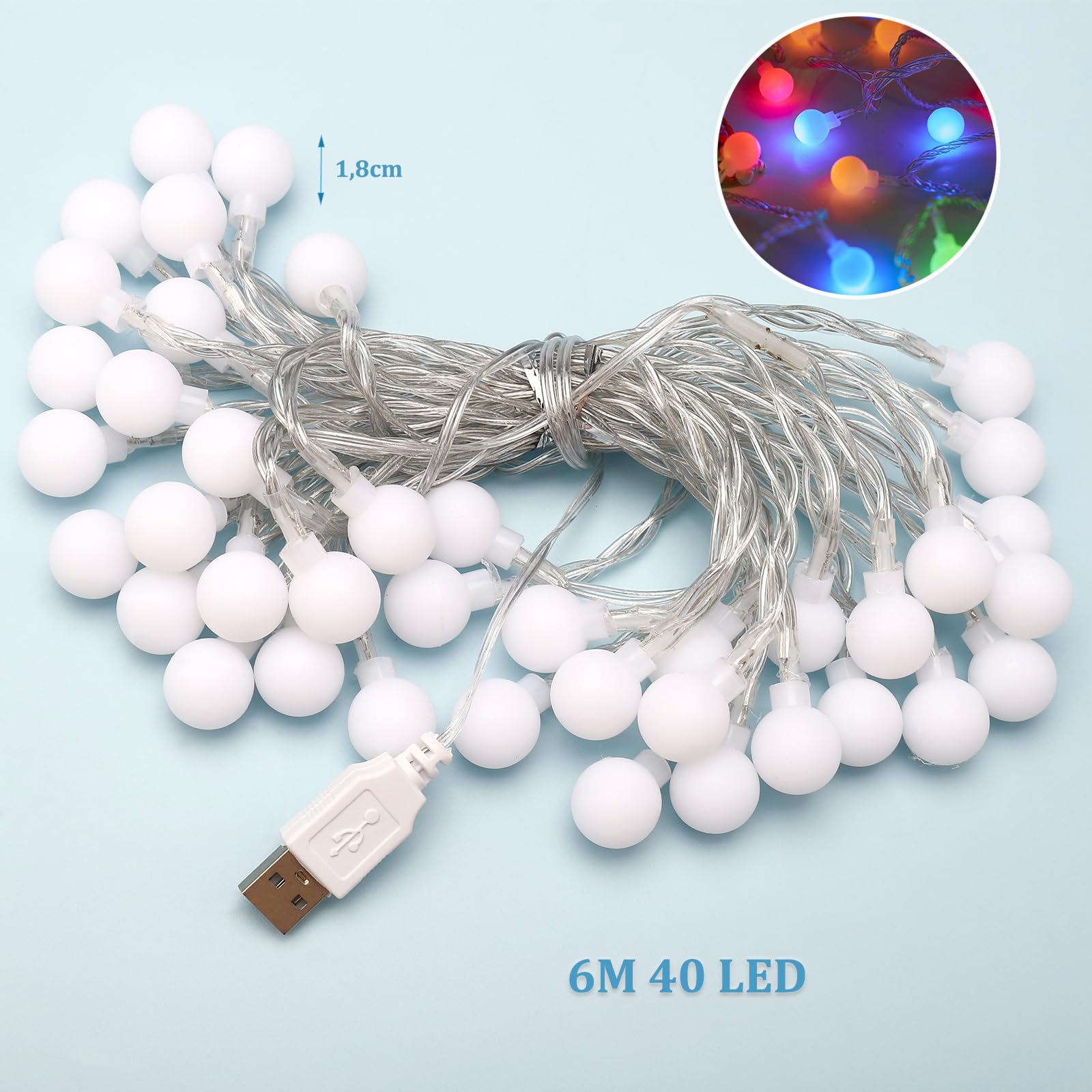LED Kugellichterkette 6m Mit 40 Bunten Kugeln – USB Betrieben, Für Drinnen & Draußen, Deko Für Party, Hochzeit, Balkon & Terrasse