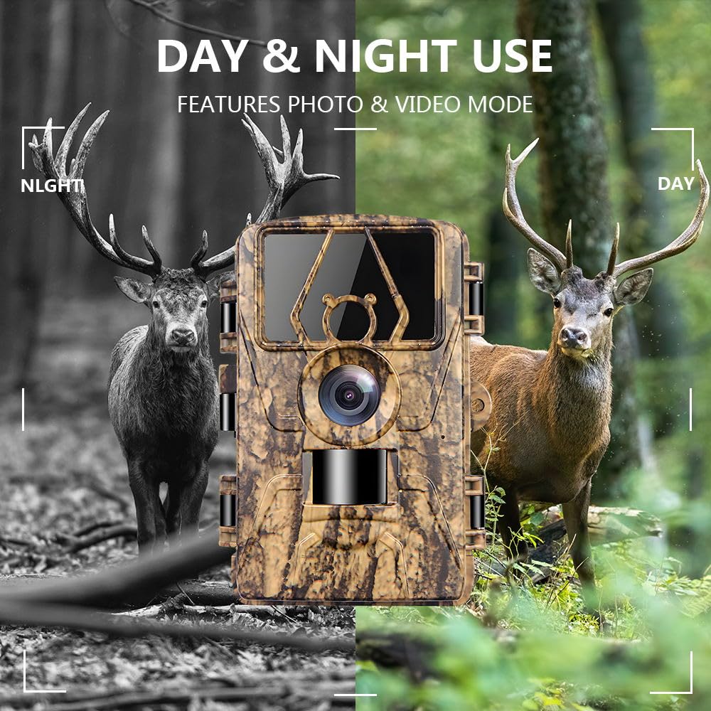 Caméra de chasse WiFi 8K 60MP avec vision nocturne et carte SD 32 Go, activée par le mouvement, étanche IP67, portée de 30,5 m, grand angle de 120°, 42 LED infrarouges sans lumière