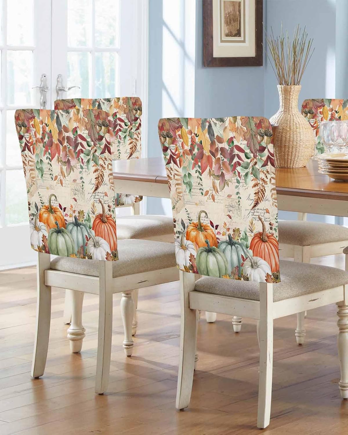 Orange Green Pumpkin Fall Chair Covers Set of 4 for Dining Room, Thanksgiving Leaves Chair Back Cover, Farmhouse Fall Removable Kitchen Chairs Slipcovers Seat Protector for Party Banquet