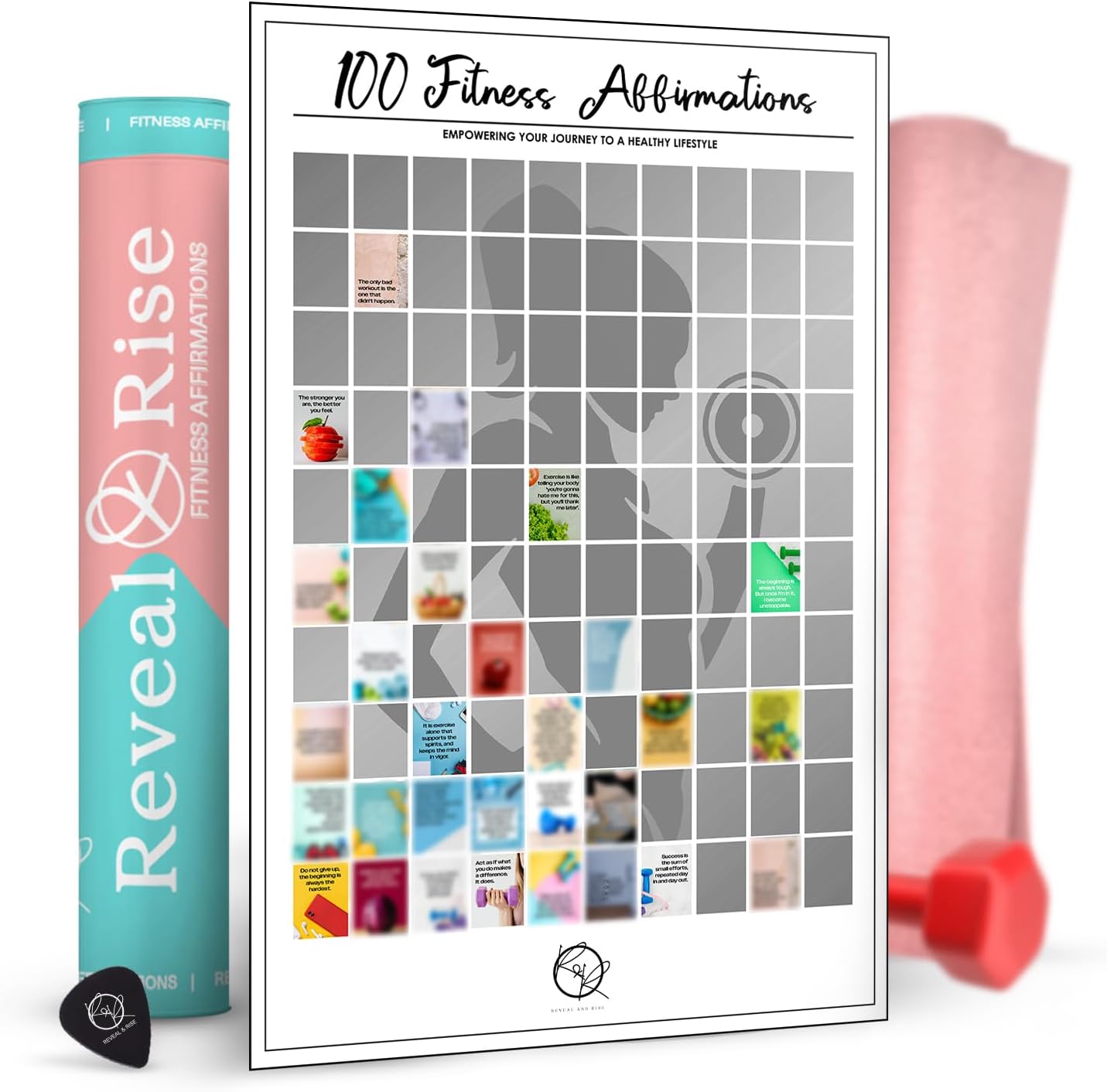 R&R Scratch Off Poster - 100 Fitness Affirmations for Women - Motivational & Inspirational Messages to Empower A Healthy Lifestyle - Scratch Tool and Wall Pins Included - Easy Wrap Gift For Her