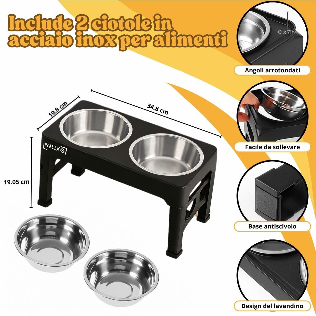 Ciotole Rialzate Cane Regolabili 5 Altezze – Ciotola Rialzata Set 3 in 1 con 2 Ciotole Inox 1200ml + Ciotola Anti-Ingozzamento 800ml, Tappetino Antiscivolo, per Cani Piccoli Medi Grandi