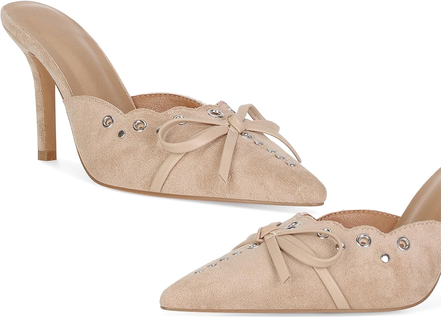 DOEYG Women Pointed Toe Bow Heels Mules Slip on Stiletto Heels Sandals Dress Party Wedding Studded Heels Pumps - Image 6