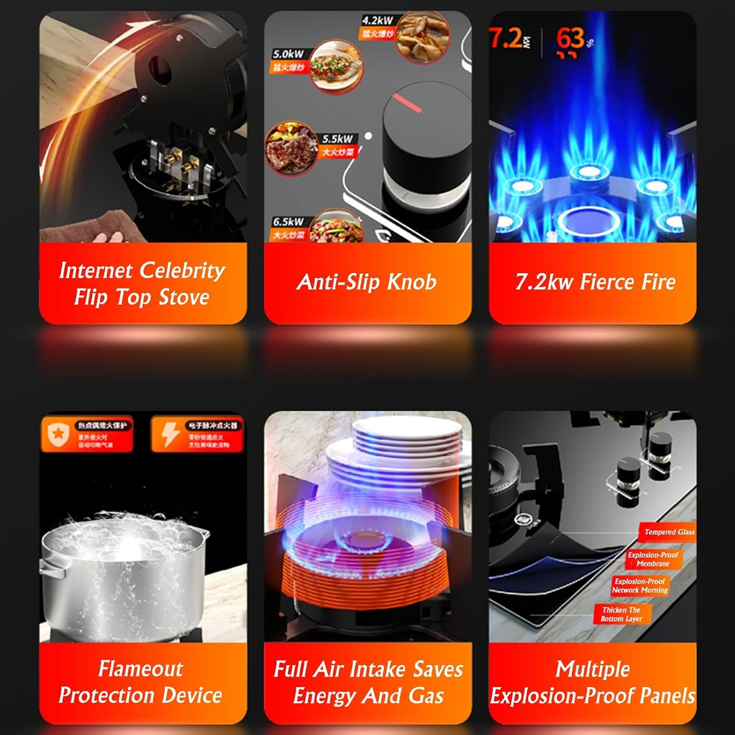 Gas Stove 2 Burners Flip-top Design, 7.2KW 8 Cavity High Fire, Black Tempered Glass Cast Iron Pot Holder, Suitable for Home Kitchen with Flameout Protection(LPG)