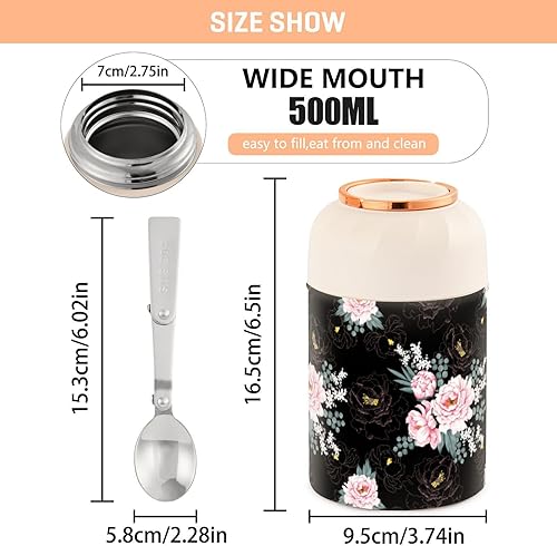 Miniatura 3 de Paeonia Flowers Food Jar with Spoon Stainless Steel Vacuum Insulated Food Container 17 oz Food Thermos for Lunch