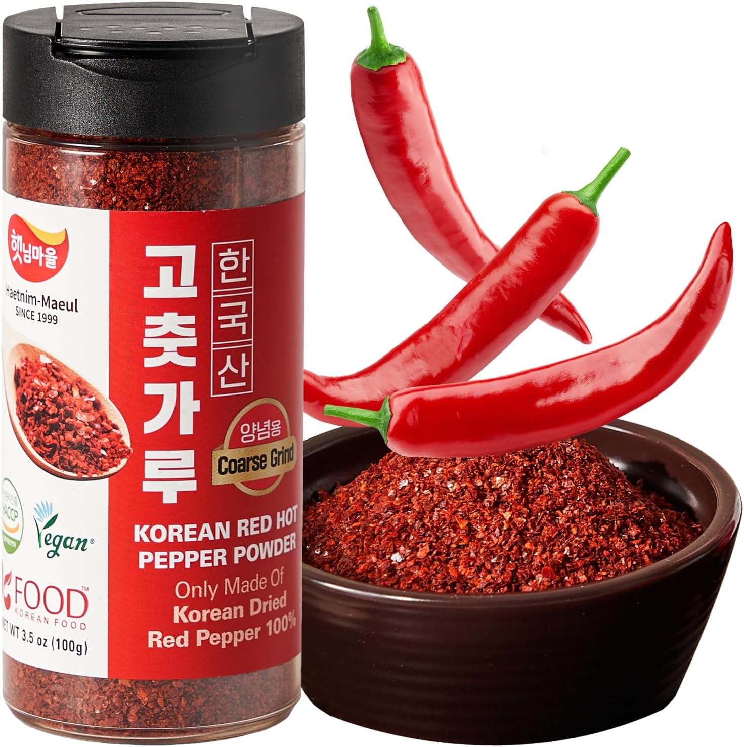 Korean Food Haetnim Maeul 100% Korean Red Chili Powder | Large Particle Powder For Stir Fry and Seasoning 3.5oz(100g) | Vegan, NO MSG