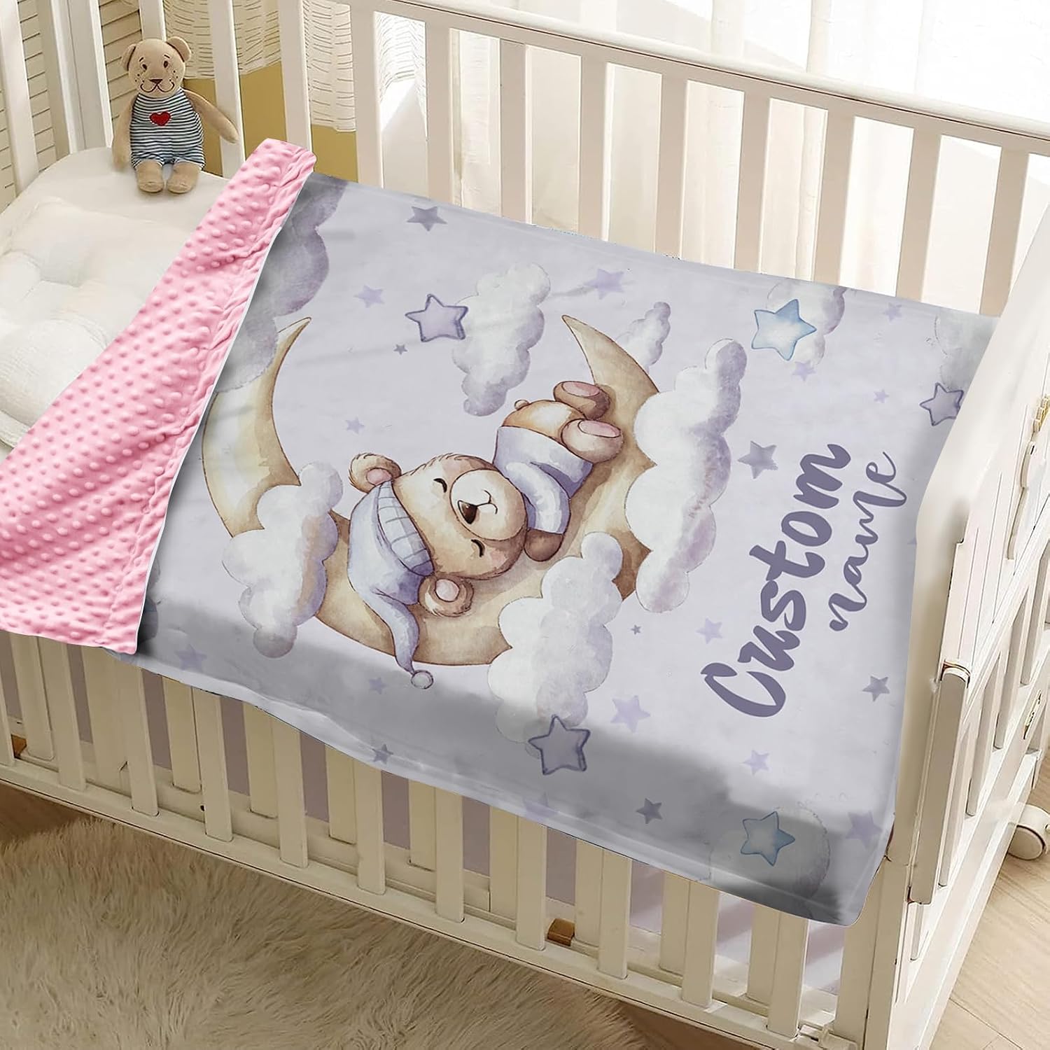 Personalized Baby Blankets for Boys Girls, Custom Name Baby Blanket with Moon Bear Design, Soft Receiving Blanket for Newborns and Toddlers, Ideal for Baby Showers and Nursery Decor