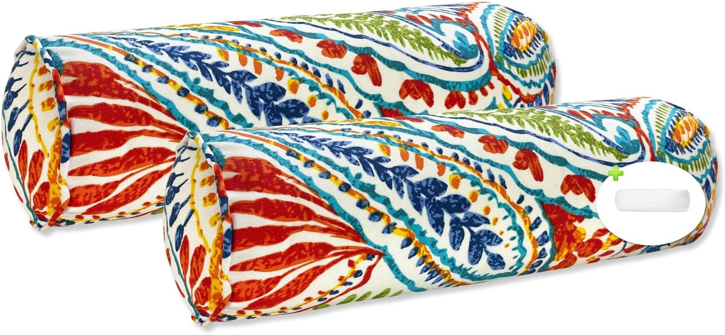 Fabritones Pack of 2 Outdoor Waterproof Decorative Bolster Pillows with Inserts for Patio Furniture, 20x6 Inch Fade Resistant Patio Garden Bolster Cushions for Couch Bed Sofa, Paisley Multi