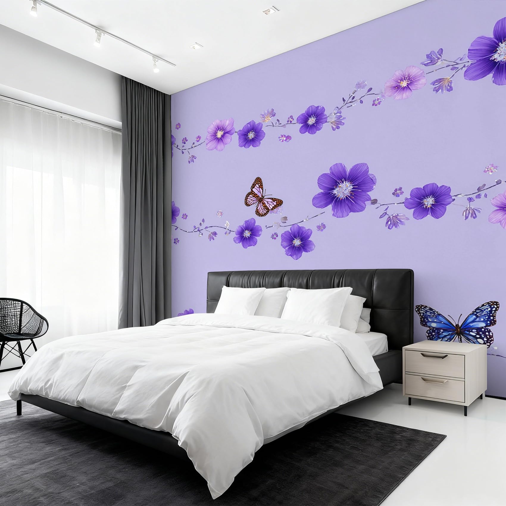 Papier peint floral violet intissé fleurs et papillons fresque murale géante 350x256 cm