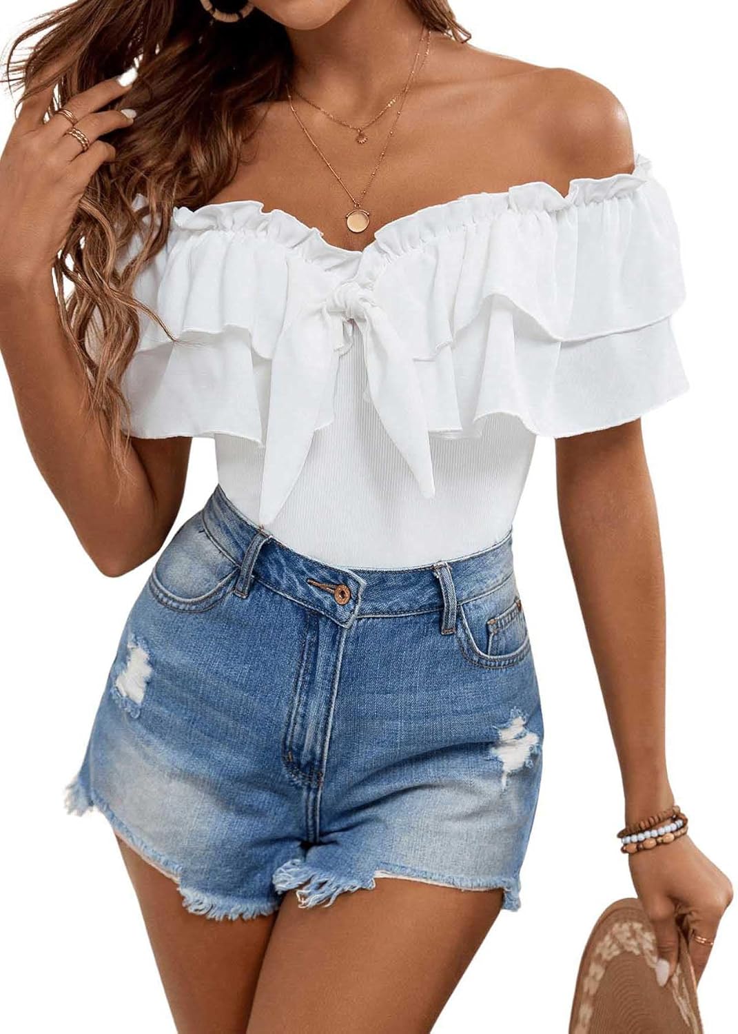 WDIRARA Women's Off Shoulder Frill Trim T Shirts Layered Ruffle Trim Tops - Image 3