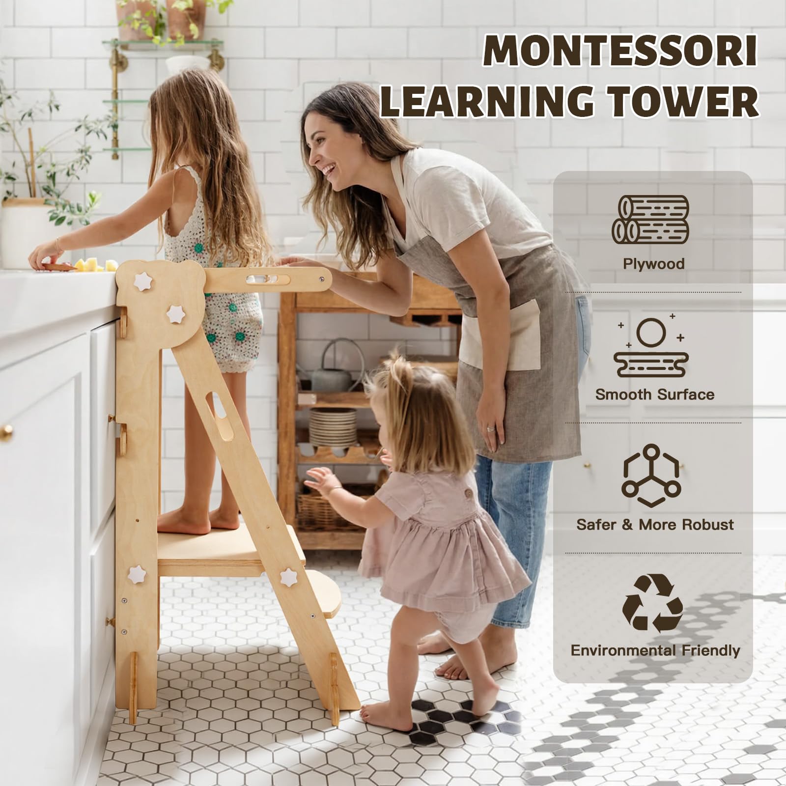 labebe Klappbar Lernturm für Kinder, Montessori Learning Tower mit Zweiseitige Tafel, 3 in 1 Einstellbare Höhe und Breite Lerntower, Multifunktion Lernturm ab 1 Jahr für Küche（Holz）