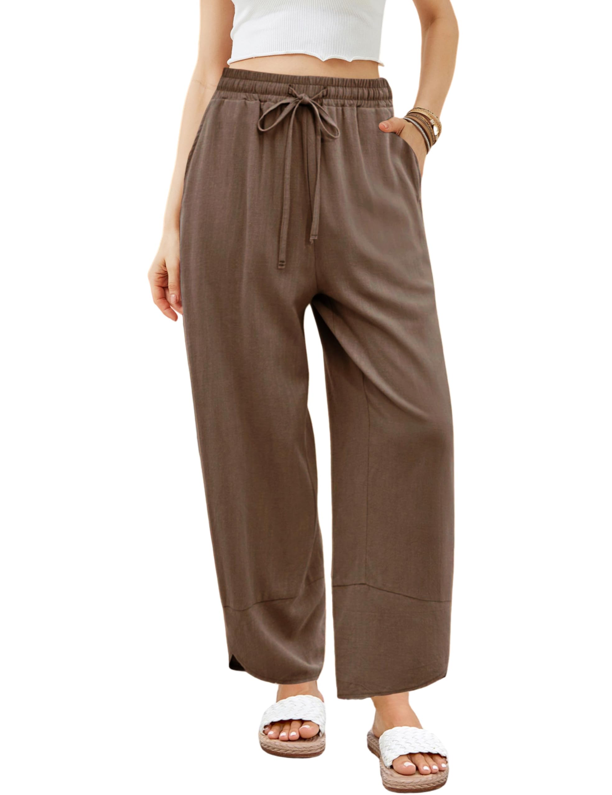 Xiaoxuemeng Linen Pants Women Wide Leg Cotton Linen Barrel Pants Pull On Elastic Waisted Baggy Trousers Coffee-M