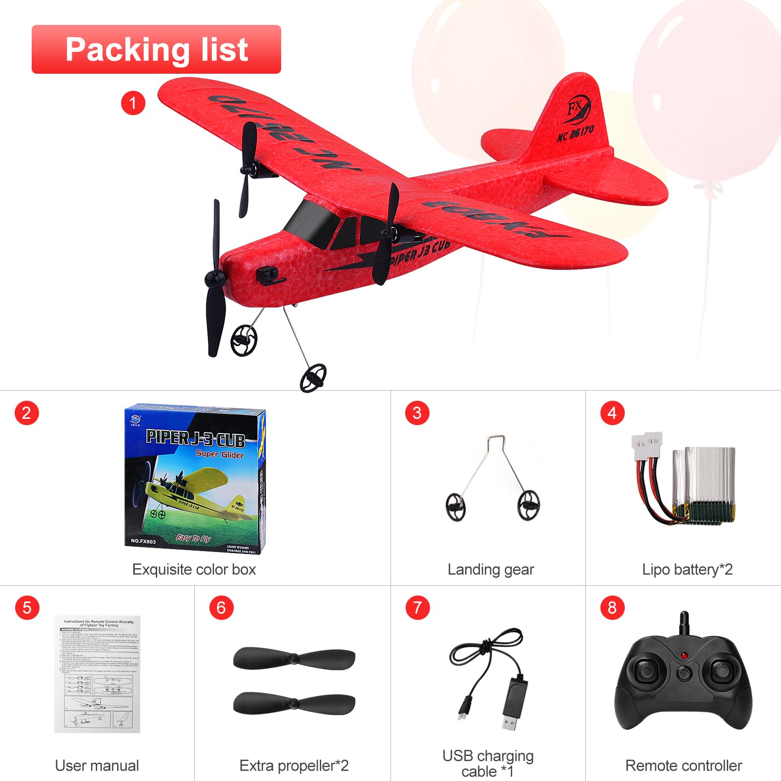 Avión de control remoto de 2 canales de 2.4 GHz: FX803 EPP RC Avión RC para principiantes, niños y adultos, juguete con carga USB, fácil de volar, rojo