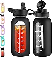 CIVAGO 32oz Glass Motivational Water Bottle with Straw, Time Markers & 2 Lids - Leakproof Silicone Sleeve Gym Jug, Black
