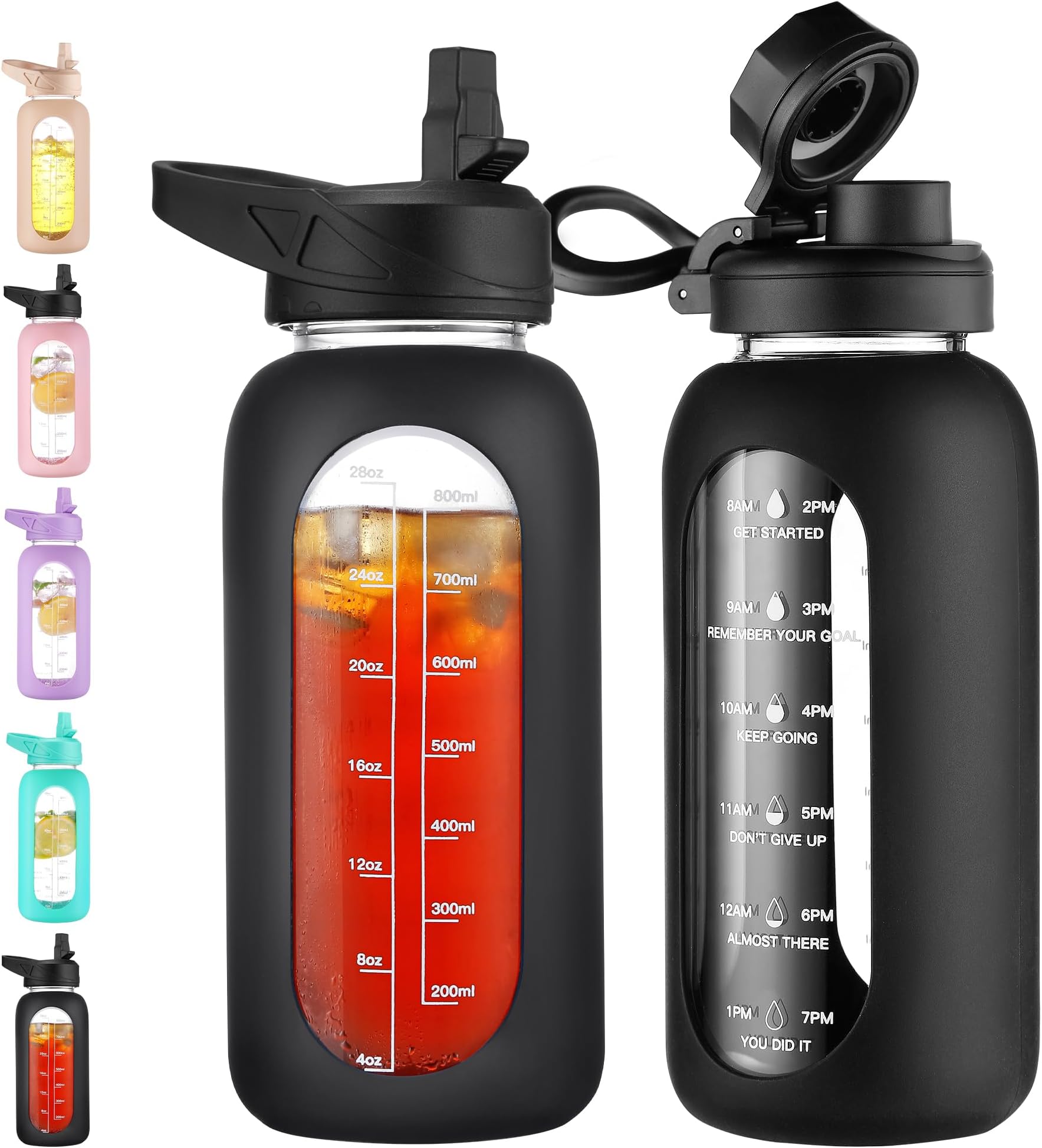 32 oz Glass Water Bottle with Straw and Handle, Large Sports Motivational Water Bottle Flask with Time Marker and 2 Lids, Leakproof Water Jug Canteen with Silicone Sleeve for Gym,Black
