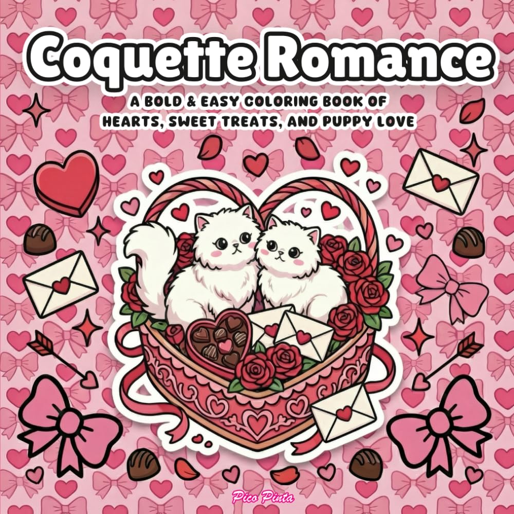 Coquette Romance – A Bold & Easy Coloring Book of Hearts, Sweet Treats, and Puppy Love: Cute, Cozy Valentine’s Coloring Pages Filled with Love, Bows, and Adorable Animals