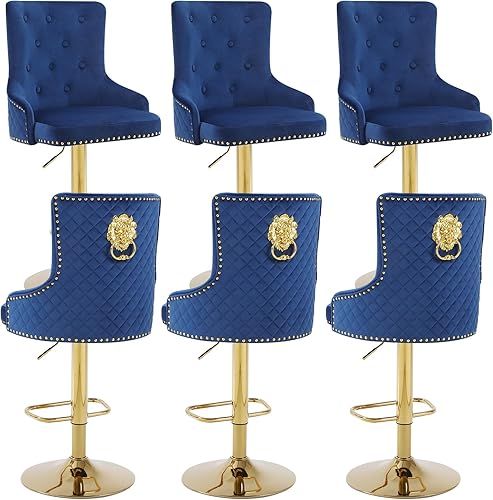 Miniatura 56 de Juego de 2 taburetes de bar giratorios ajustables de terciopelo con respaldo alto copetudo, modernos taburetes de altura de mostrador con base