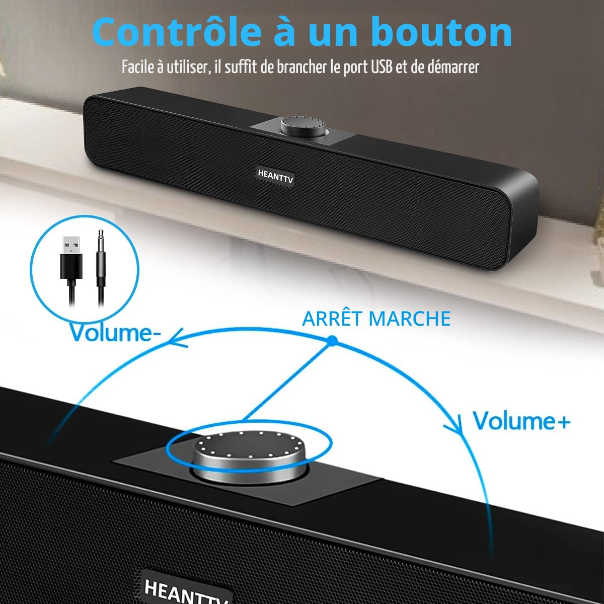 Haut-Parleurs PC, Enceintes d'Ordinateur USB 2.0 2 * 3W 3,5mm Barre de Son PC Filaire Alimenté avec 2 Diaphragmes Portatifs Stéréo 3D, Barre Audio pour Bureau Carnet Laptop, Plug and Play