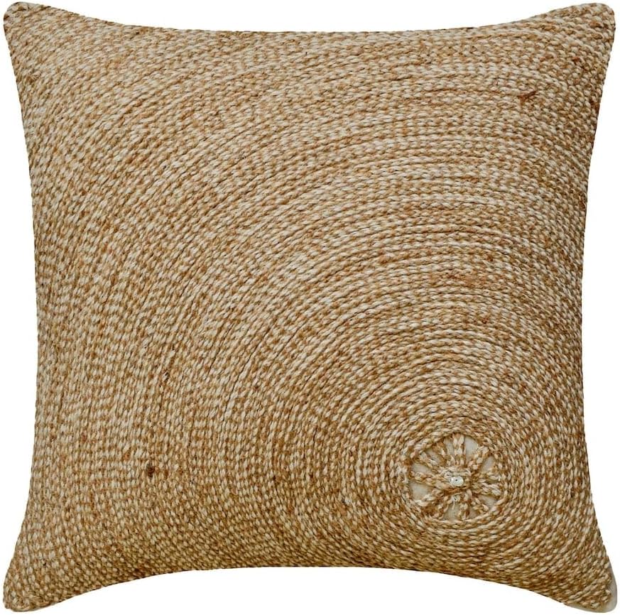 The HomeCentric Throw Pillow Cover, Natural Beige European Sham Covers 26x26 inch (65x65 cm) Linen Euro Sham Covers, Circles & Dots, Jute Cord Embroidery, Contemporary European Sham - Back to Earth