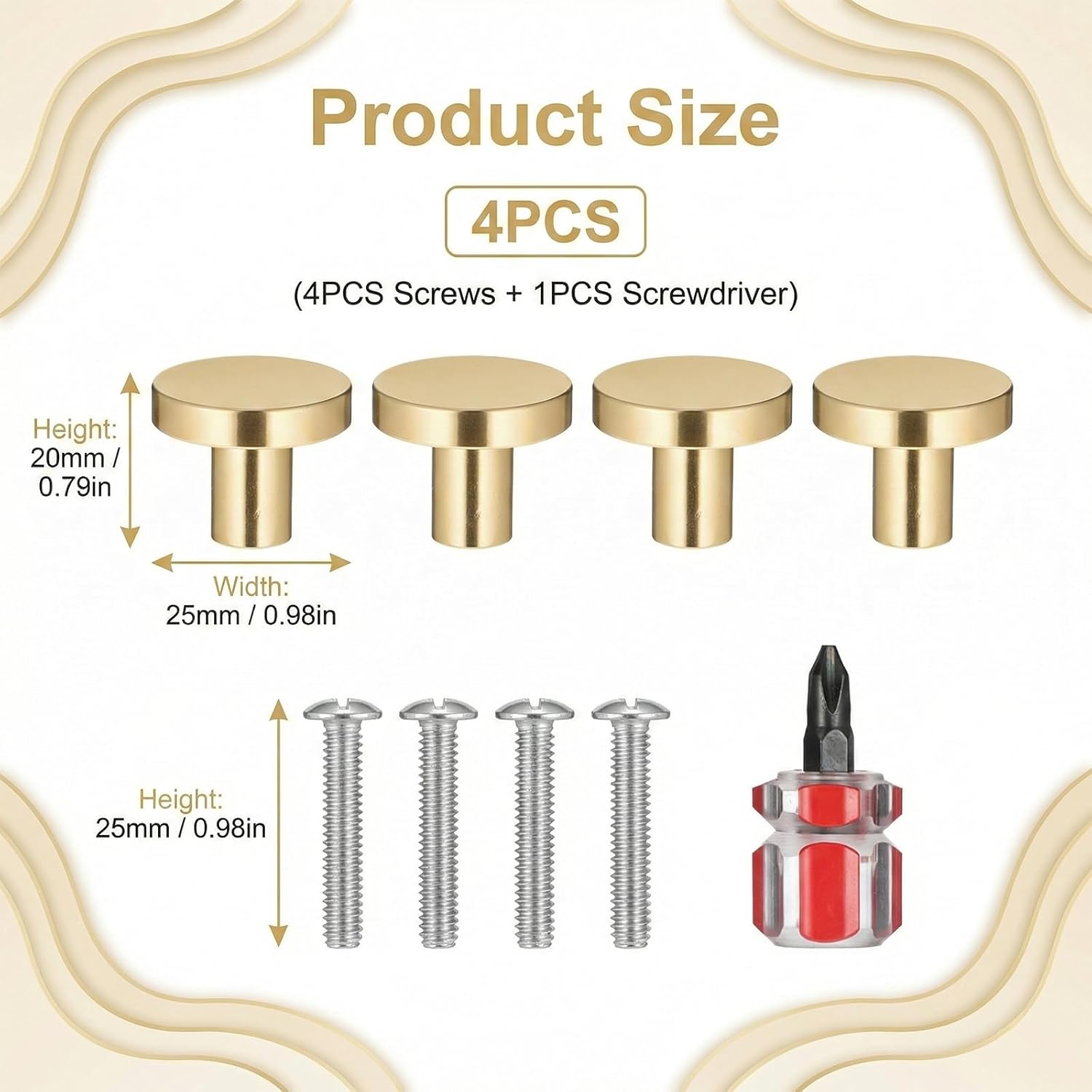 4 Pack Gold Drawer Knobs Brass Round Cabinet Knobs Closet Pull Handles with Mounting Screws for Cabinet Dresser Kitchen Bathroom Hardware Handles