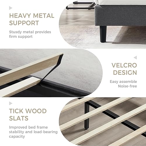 Miniatura 5 de Marco de cama tamaño Queen con cabecera tapizada, tela de lino y soporte de listones de madera, sin ruido, fácil de ensamblar, no necesita somier,