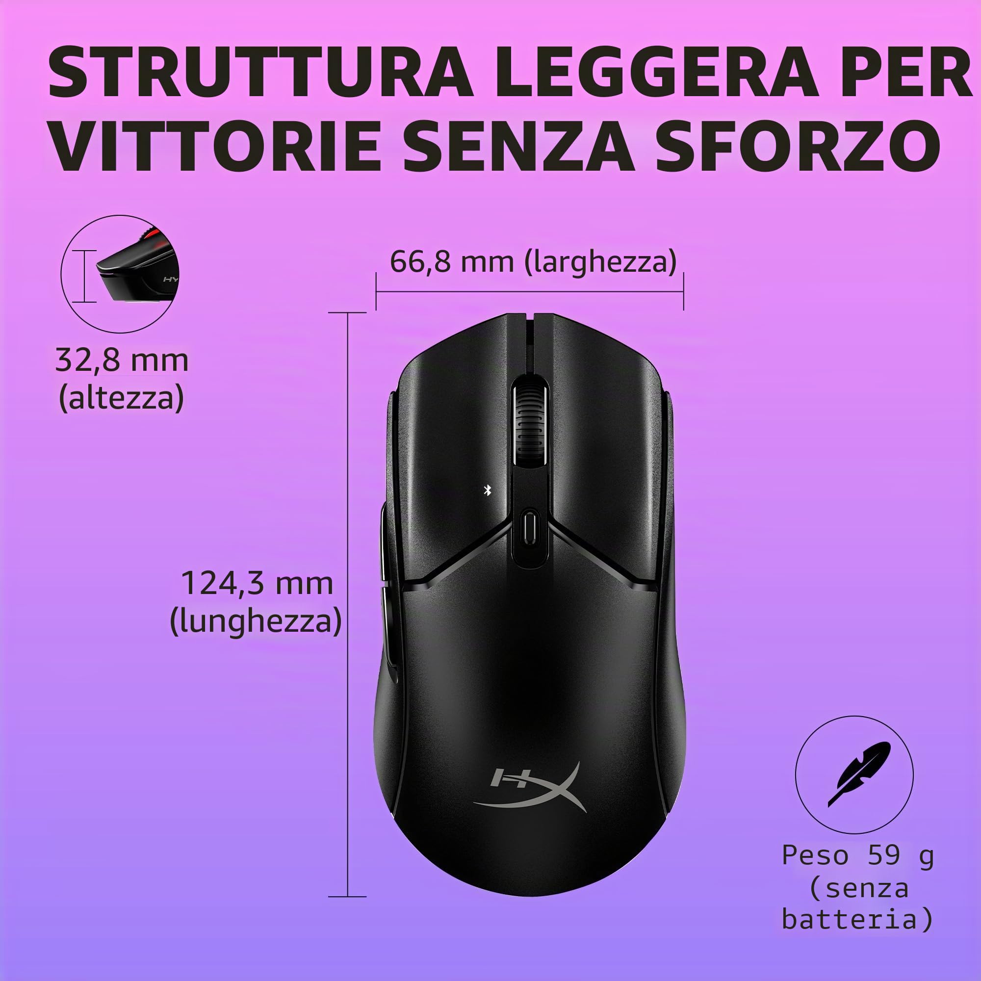 HyperX Pulsefire Haste 2 Core, Mouse Gaming Senza Filo, Connettività 2,4 GHz, Illuminazione RGB, 6 Tasti Programmabili, 12000 DPI, Resistenza fino a 20 Milioni di Clic, Batteria fino a 100 Ore, Nero