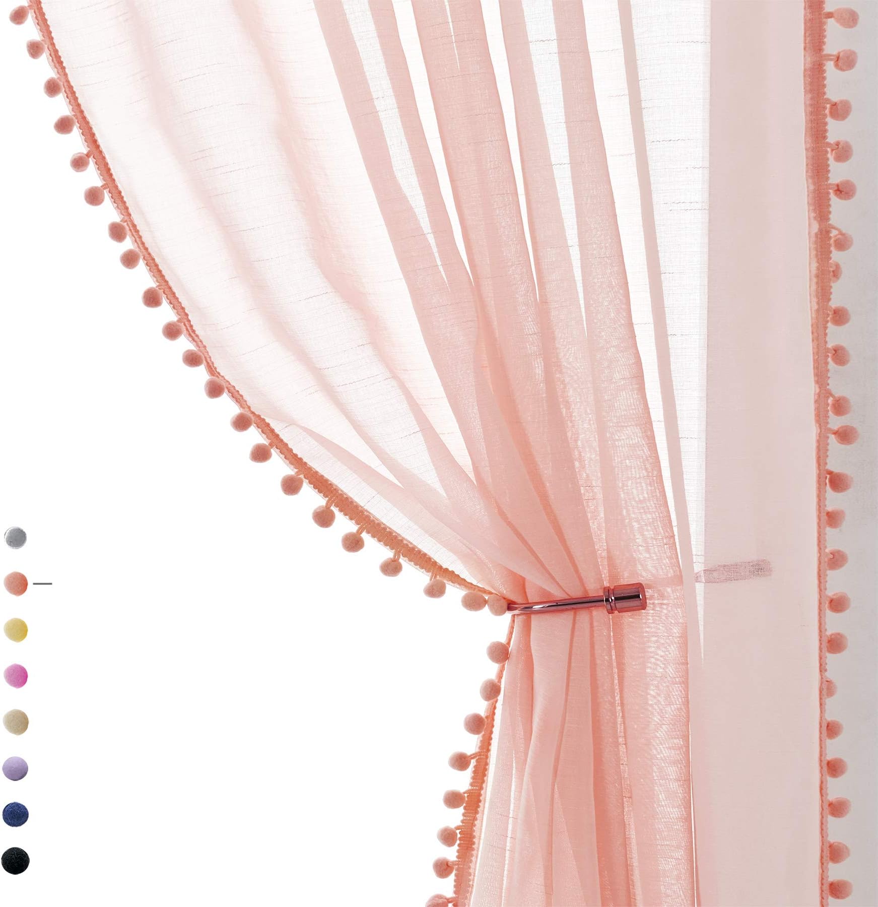 Treatmentex Pink Pompom Blush Pink Sheer Curtains for Bedroom Living Room 84" Linen Textured Window Drapes for Kids Room 2 Pack 52" w