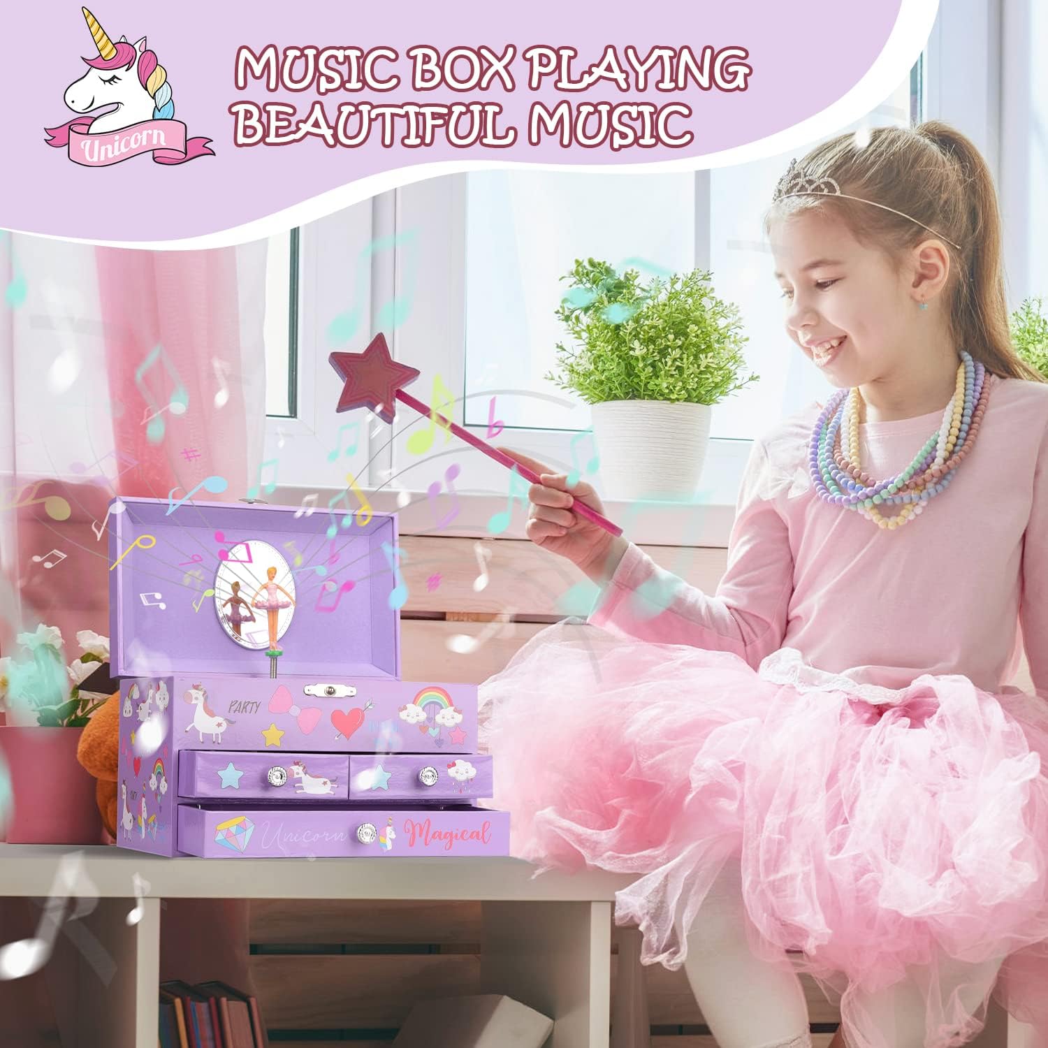 Musical Jewelry Box for Girls 3 Layer Music Box with Drawers Spinning Ballerina Unicorn Design Included Unicorn Jewelry Set Kids Birthday Christmas Gifts for Girls, Purple - Image 5