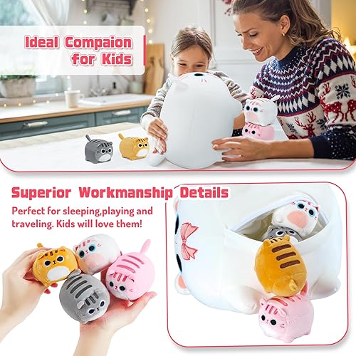 Miniatura 7 de Peluche de gato blanco, 5 piezas de familia de animales de peluche, gato blanco de 16 pulgadas, mamá y gato blanco con 4 gatitos bebés para niños,