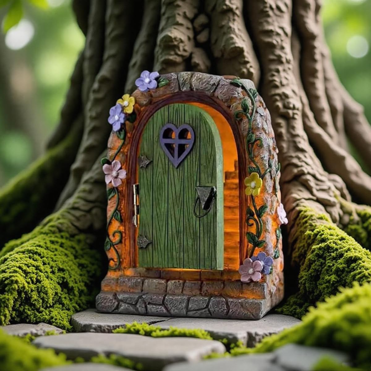 wsmart Solar Fairy Door Statue for Garden - Magic Fairy House Waterproof Resin Outdoor Fairy Garden Decor Accessories (7.5in*4.7in*5.9in, Miniature